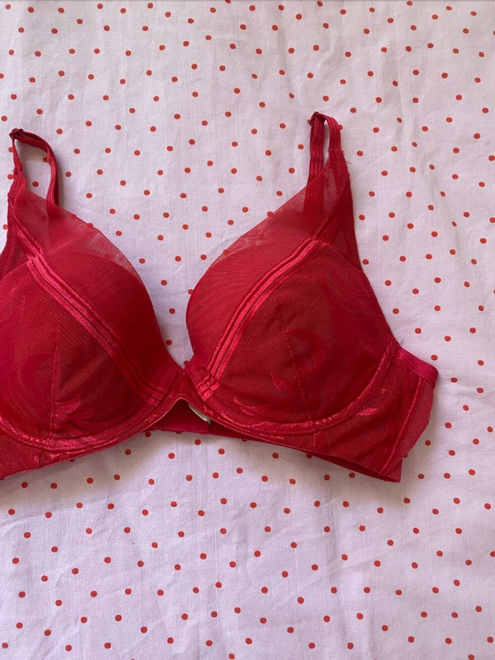 Triumph Crimson Red Sheer Mesh Overlay Plunge Bra 34B